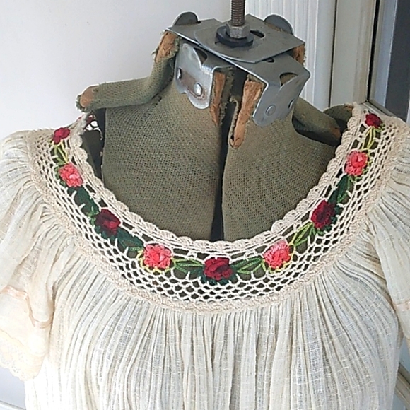 ADORABLE BOHO/HIPPIE CREAM GAUZE EMBROIDERED MADE IN MEXICO DRESS WOMANS M - Picture 3 of 9